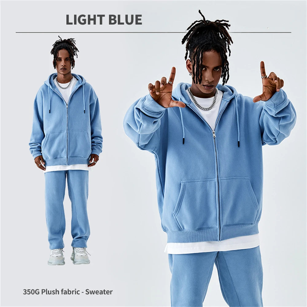 ZODF Basic Winter Men Fleece Zipper Hoodies Unisex Casual Loose 350gsm Warm Solid Hooded Sweatshirts Coats 18 Colors HY0726