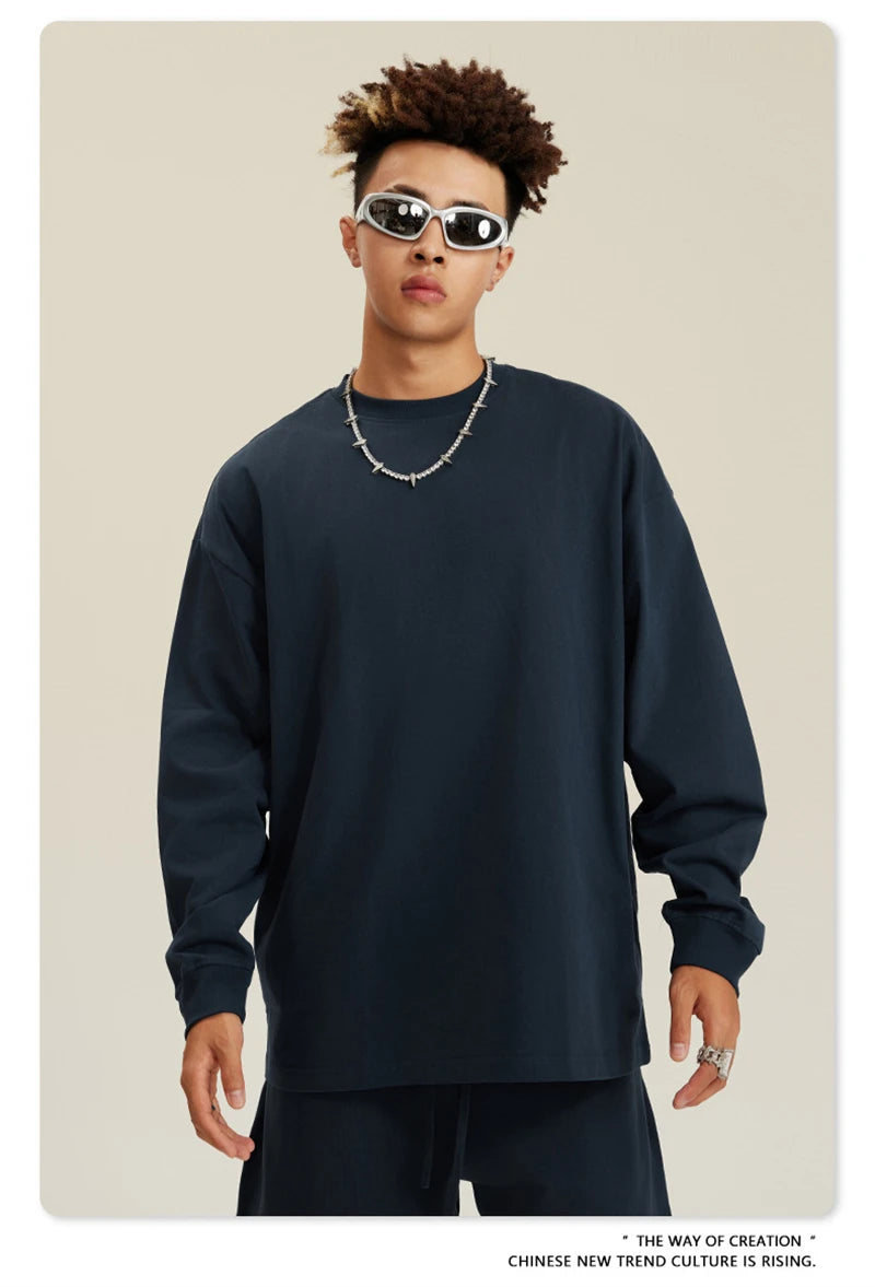 ZODF NEW Autumn Men's Solid Full Sleeve T Shirts Unisex Loose Oversized Casual 305GSM Cotton Basic T-Shirt Brand TEE HY0209