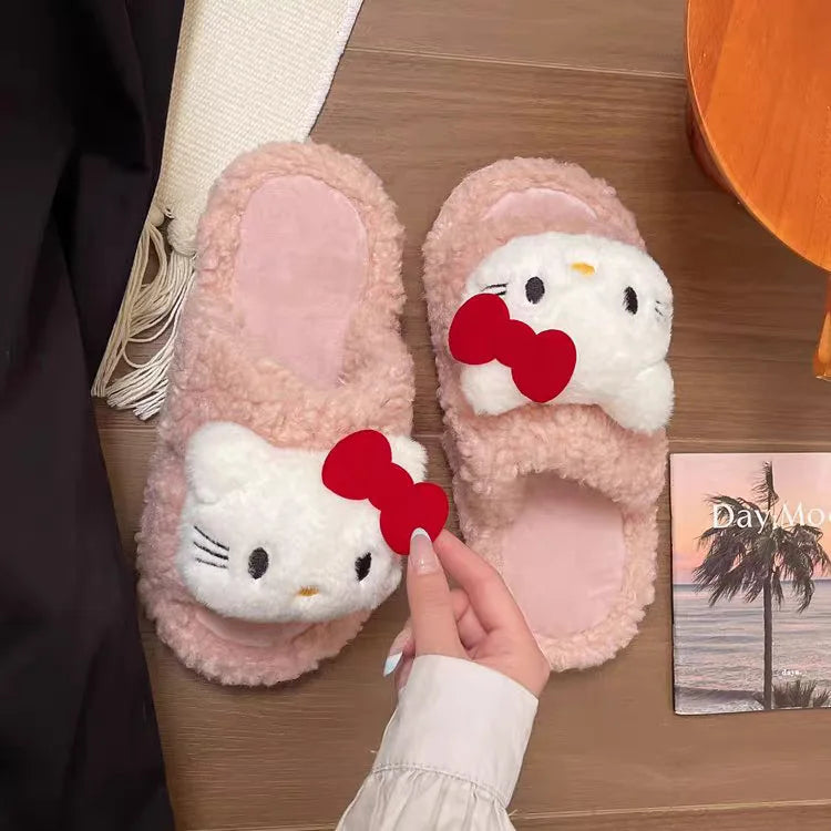 New Sanrio Sweet Hello Kitty Warm Cotton Slippers For Student Dormitory Comfortable One Word Hairy Adult Cotton Slippers