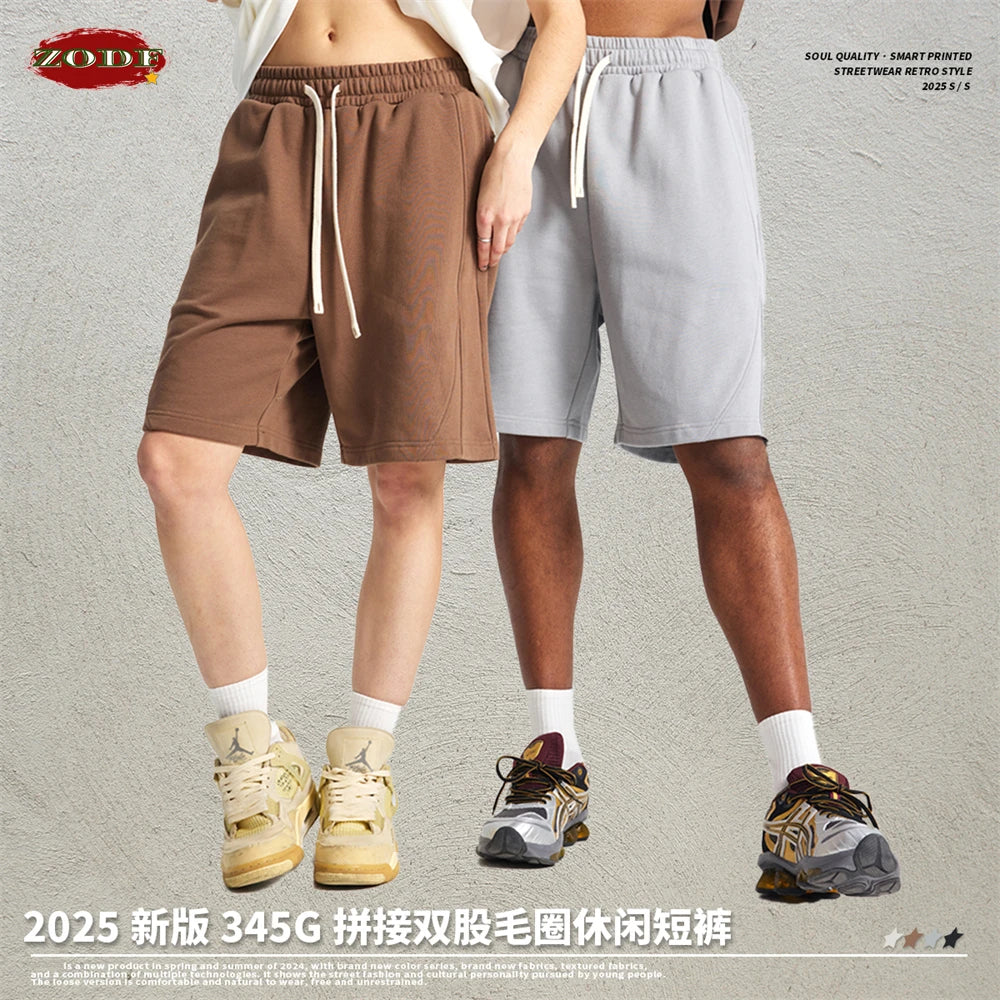 ZODF Trendy 2025 Men Summer Patchwork 345gsm Shorts Unisex Casual High Street Loose Fit Sport Solid Shorts Streetwears HY1053