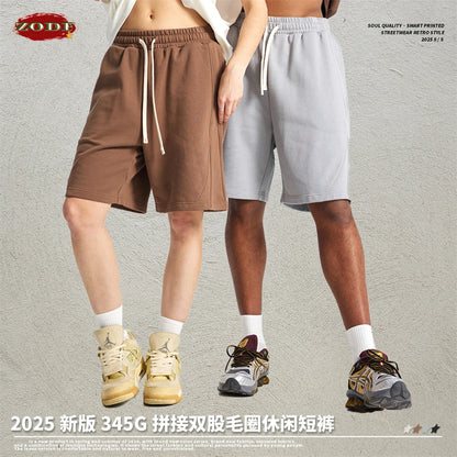 ZODF Trendy 2025 Men Summer Patchwork 345gsm Shorts Unisex Casual High Street Loose Fit Sport Solid Shorts Streetwears HY1053