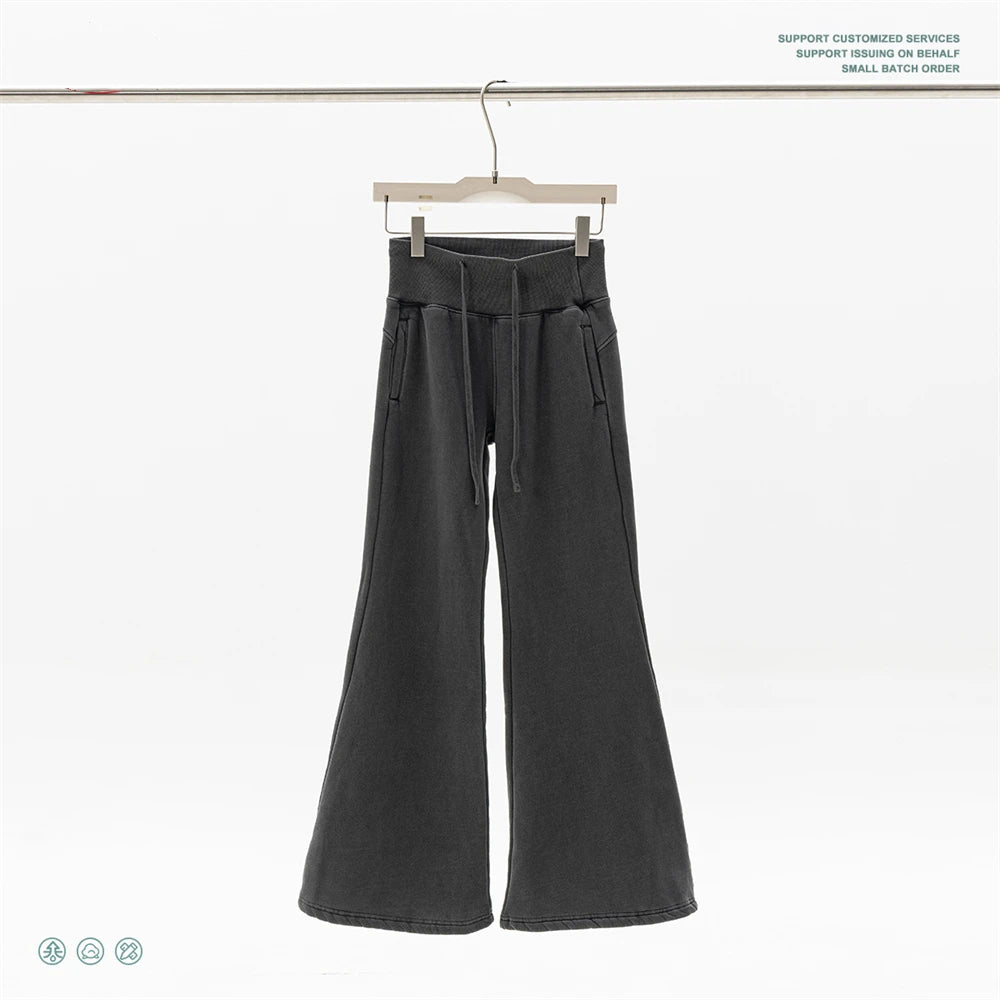 ZODF Retro Winter Women 400gsm Fleece Flared Pants Casual Girls Female Slim Fit Warm Washed Distressed Trousers HY1142