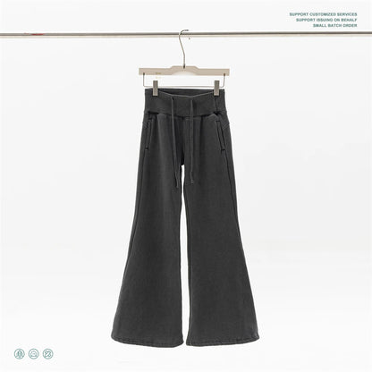 ZODF Retro Winter Women 400gsm Fleece Flared Pants Casual Girls Female Slim Fit Warm Washed Distressed Trousers HY1142