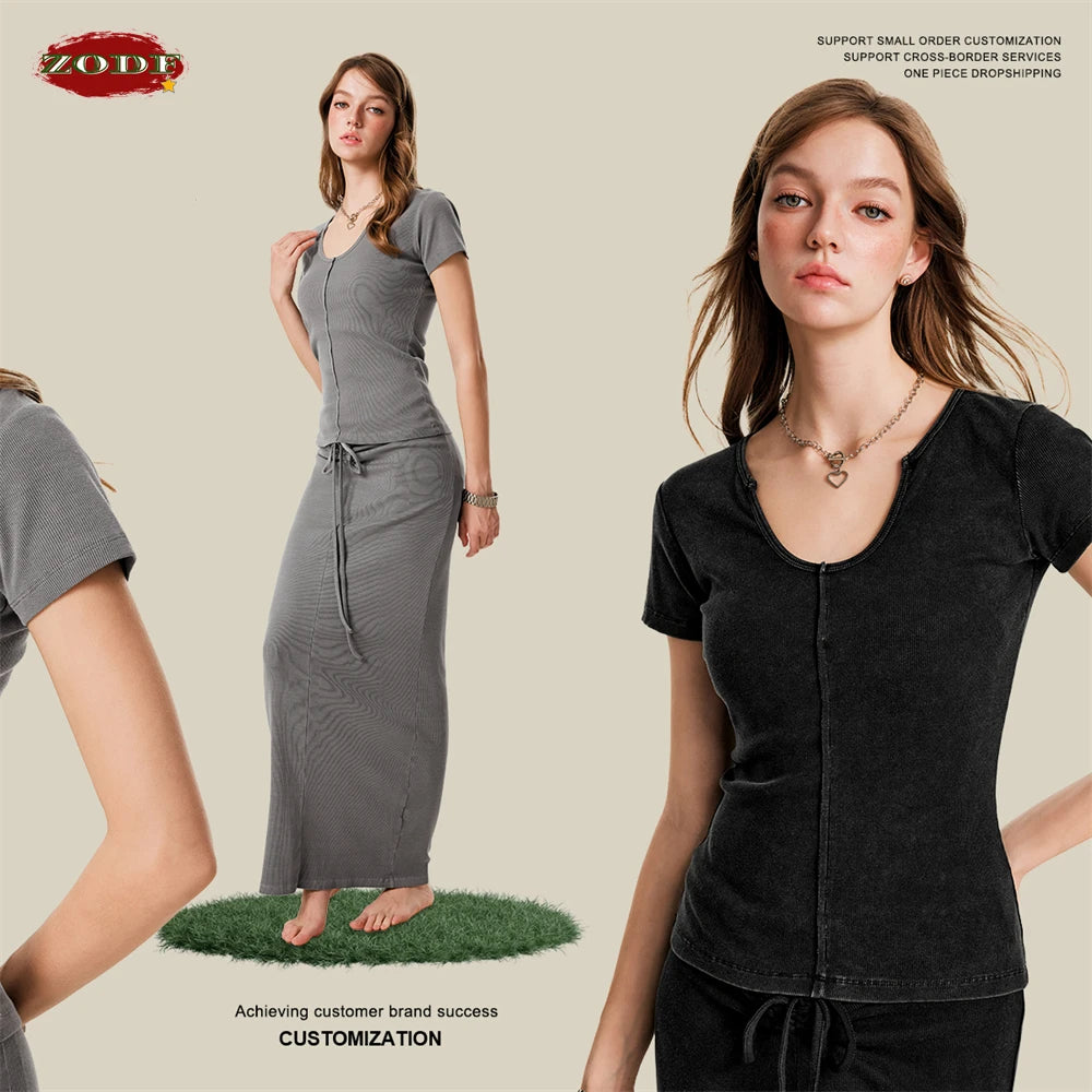 ZODF Women Retro 2025 Summer 275gsm U Collar Washed T-Shirts Hotsweet Girls Sexy Slim Fit T Shirt Brand Tees HY0992