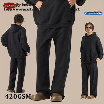 ZODF Retro High Street 420gsm Cotton Straight Pants For Man Unisex Loose Fit Distressed Sport Trousers Sweatpants HY0051