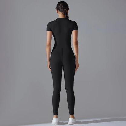 Naked zipper short sleeved yoga suit jumpsuit, quick drying breathable outdoor sports tight fitting jumpsuit, fitness suit