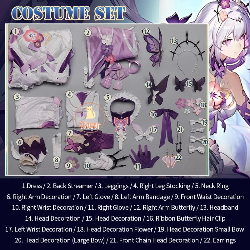 Honkai Star Rail Castorice Cosplay Costume Wig Dress Headwear Earrings Butterfly Props Halloween Party for Women Girls Carnival