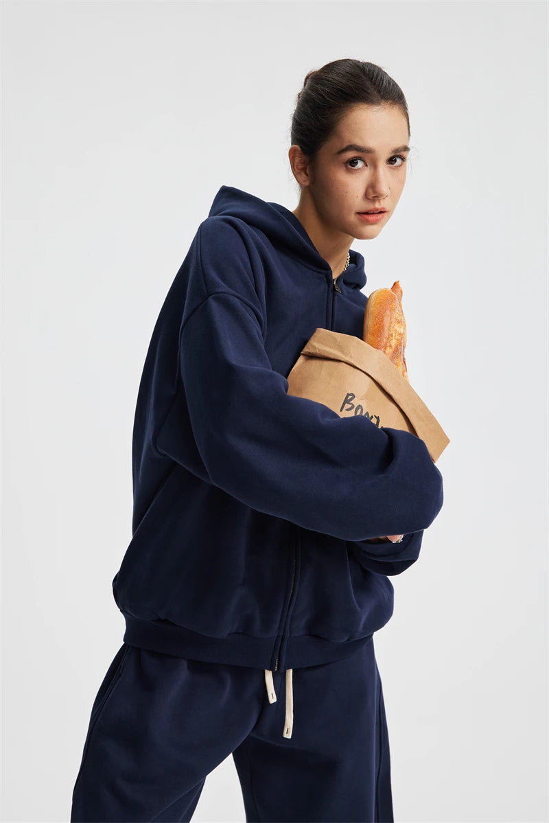 ZODF Trendy Winter Man Warm 430gsm Fleece Zipper Hoodies Unisex Solid Loose Zip-Up Hooded Coats Brand Outfit HY1130