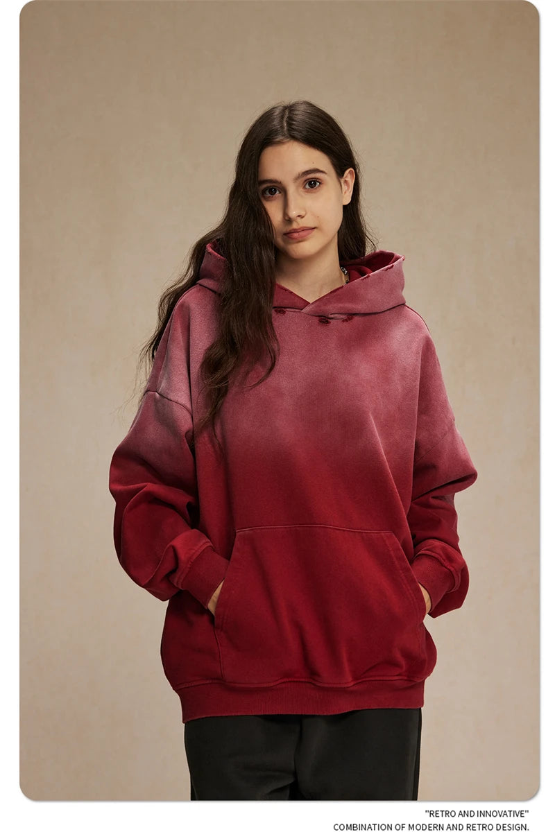 ZODF Retro Men's Heavyweight Gradient Washed Hoodies Unisex Loose Distressed Holes 450gsm Knitted Hooded Pullovers HY0891