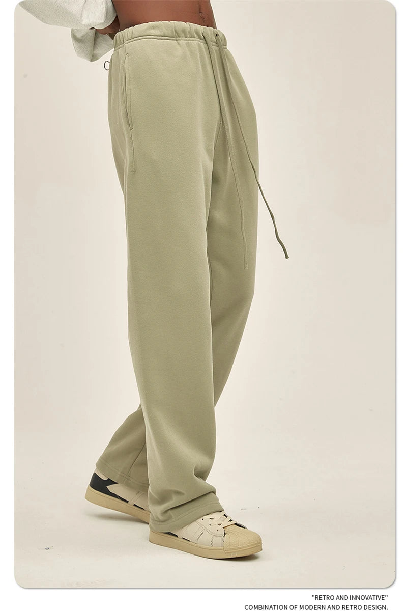 ZODF Fashion 2024 Men Loose Straight Pants Unisex 365gsm Retro Comfortable Sport Solid Drawstring Trousers HY0588