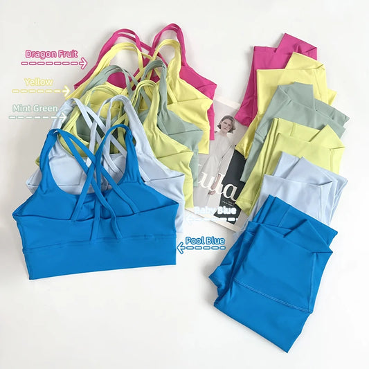 2 Pieces Yoga Set Women Gym Set Workout Clothes Sports Suits High Waist Leggings Cross Straps Fitness Bra Top Running Tracksuit