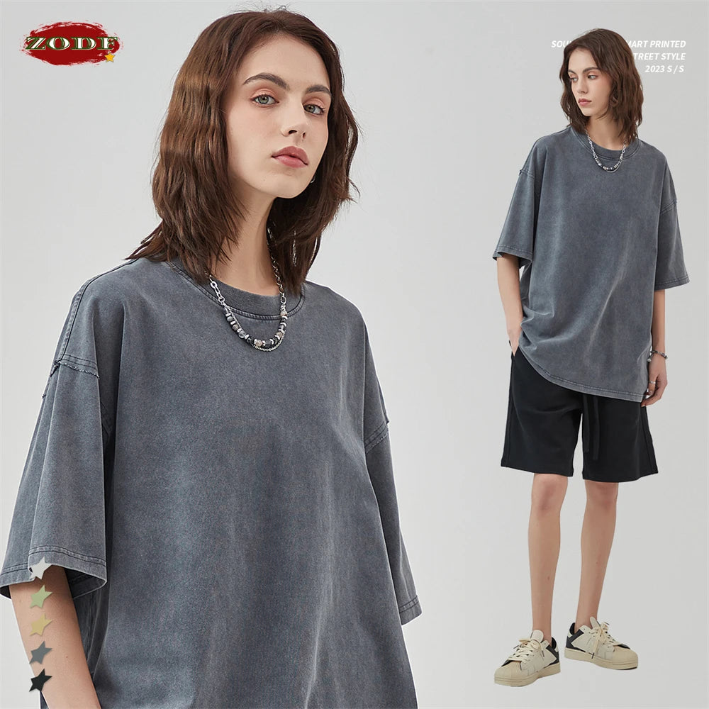 ZODF New Spring Summer Washed Cotton Solid T Shirts For Men Unisex High Street Loose Edge Oversized Noshrink T-Shirt Tee HY0465