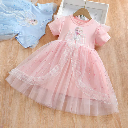 MINISO Girls Dress Blue Toddler Girl Mesh Lace Dress Summer Infant Fuffy Tulle Tutu Frozen Princess Dress 2 to 3 4 5 6 7 8Years