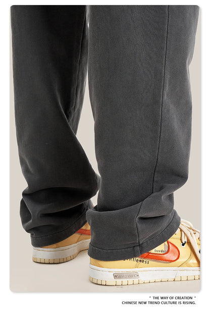 ZODF Retro Men Autumn Washed 380gsm Cotton Unisex High Street Oversized Solid Sport Straight Pants HY0885