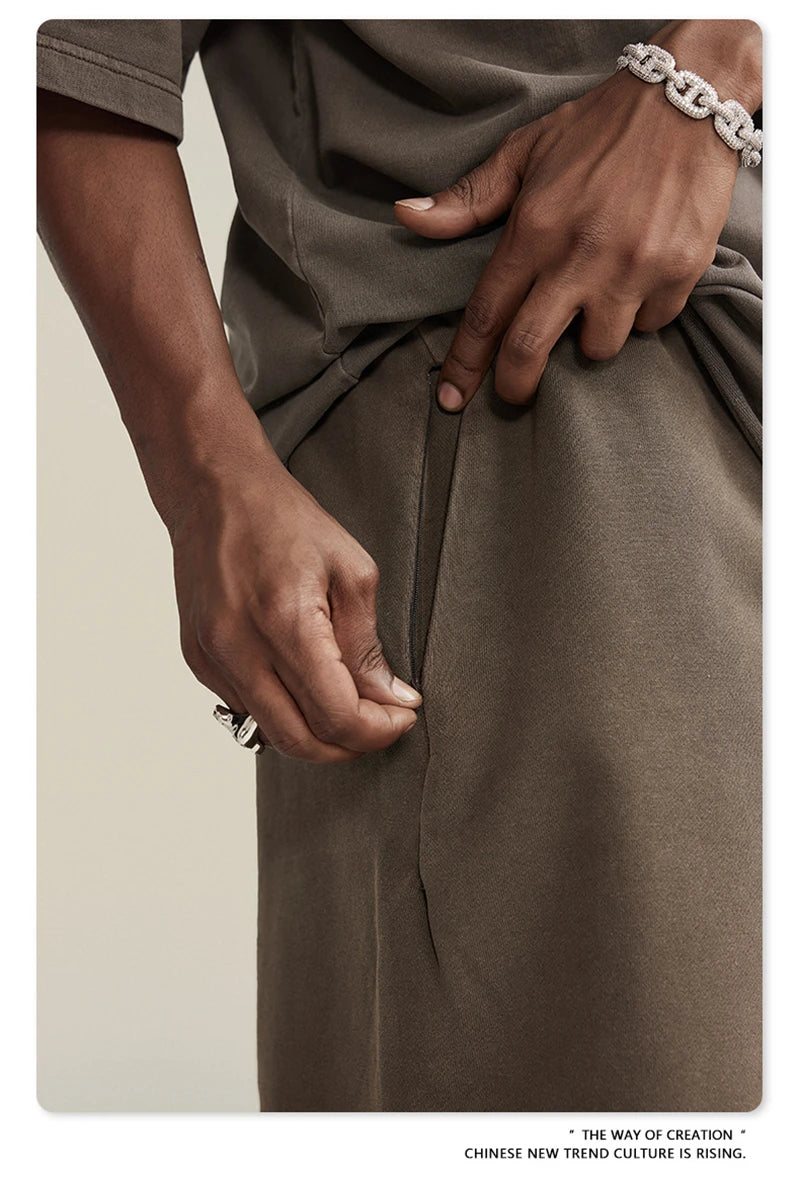 ZODF New Summer Men Retro Washed Shorts Unisex Drawstring Loose Edge 420gsm Solid Knee Length Cotton Pants Streetwears HY0589