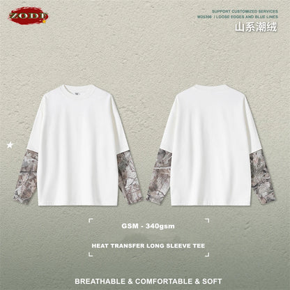 ZODF New Autumn Man Heat Transfer Printing T-Shirt Unisex Oversized 340gsm Fake 2-Piece Long Sleeve T Shirts Brand Tops HY1113
