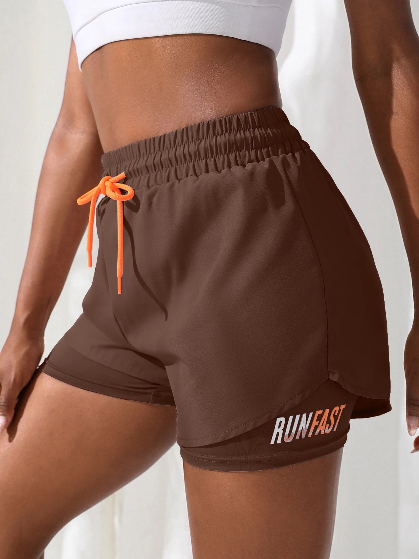 Women’s High Rise Elastic Waist Yoga and Running Shorts Fake Two-Piece Design - Coffee / L