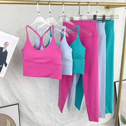 2 Piece Yoga Set Sportswear Fitness Suit with Sexy Cross Back Top and High Waist Elastic Leggings for Running Workout