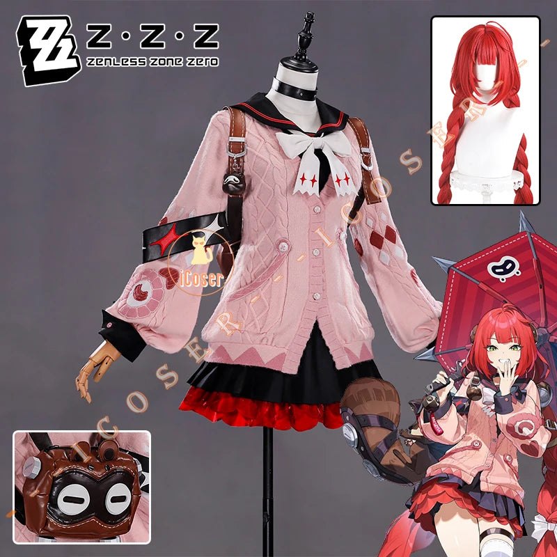 Zenless Zone Zero Ukinami Yuzuha Cosplay Costume Wig Skirt Sweater Uniform Backpack Headwear Spook Shack Halloween Party Women