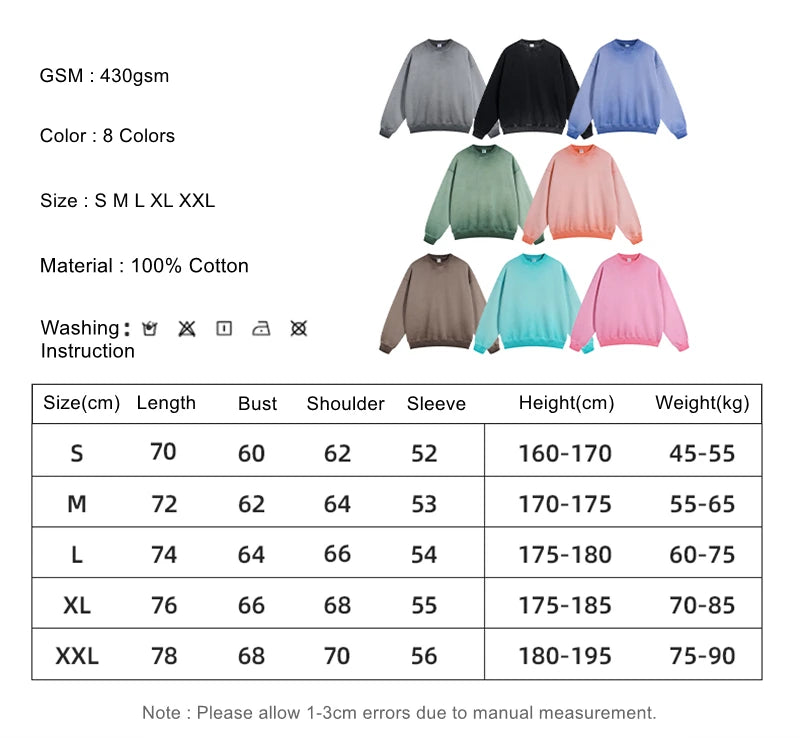 ZODF 2024 Autumn Men's Washed Sweatshirt Unisex Women Retro Solid 430gsm Terry Cotton O Neck Pullovers Coat HY0880