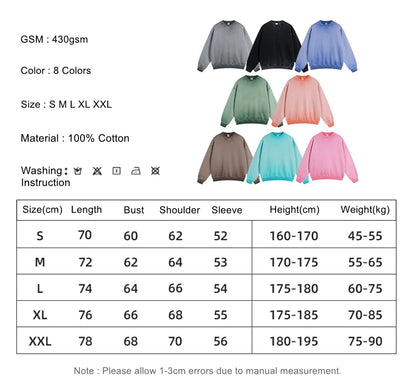 ZODF 2024 Autumn Men's Washed Sweatshirt Unisex Women Retro Solid 430gsm Terry Cotton O Neck Pullovers Coat HY0880