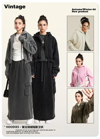 ZODF Retro 2025 Winter Women Short Zipper Hoodies Female Girls Loose 355gsm Thick Fleece Hooded Zip-up Coat Streetwears HY0448