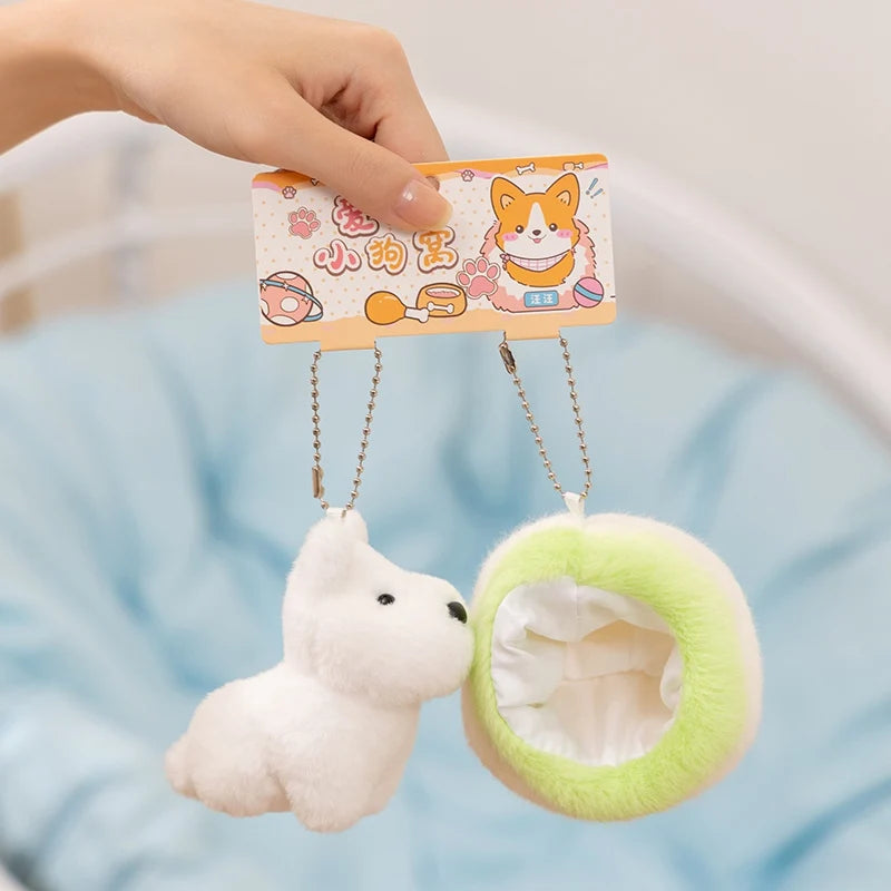 10cm Mini Cute Dog Plushies 2 in 1 Kawaii Soft Bag Pendant Love Dog in Doghouse Plush Toy Corgi Schnauzer Stuffed Doll Girl Gift
