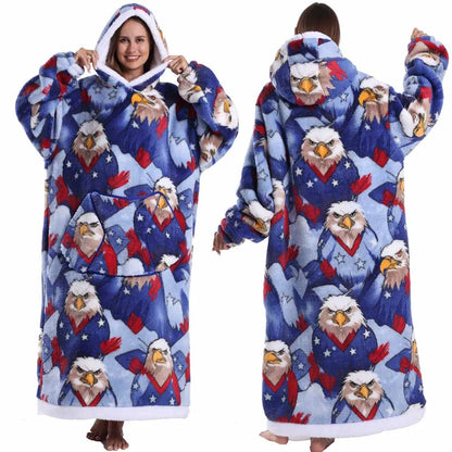 Oversized Blanket Hoodie for Adults Blue Leopard Cartoon Long Plush Thick Wearable Blanket with Sleeves Women Man Winter Clothes