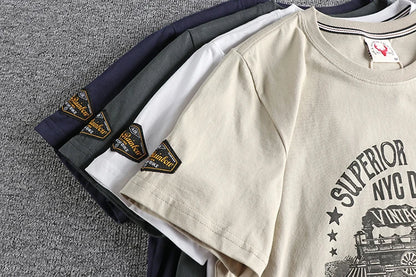 Summer American Retro Short-sleeved O-neck Locomotive Printed T-shirt Men's Fashion Simple 100% Cotton Washed Casual Sport Tops