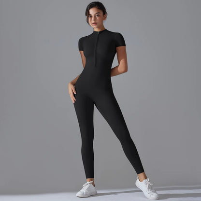 Naked zipper short sleeved yoga suit jumpsuit, quick drying breathable outdoor sports tight fitting jumpsuit, fitness suit
