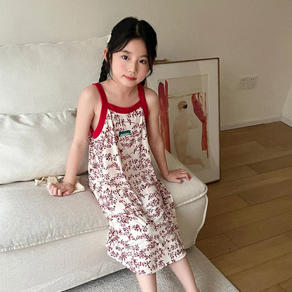 Kids Girls Nightgown Cartoon Nightdress Girl Sleepwear Nightie Summer Sleeveless Floral Print Cats Nightwear Children Clothes