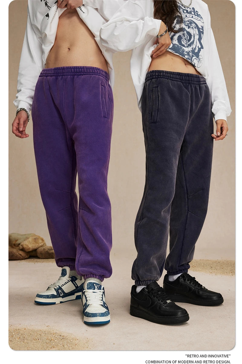 ZODF Retro Winter 360gsm Batik Washed Fleece Sweatpants Unisex Loose Drawstring Warm Joggers HY0714