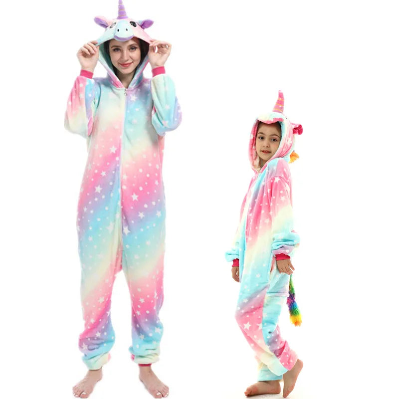 Pink Kigurumi Unicorn Pajamas for Family Set Outfits Cute Winter Flannel Soft Warm Children Pyjamas Mommy and Me Matching Outfit