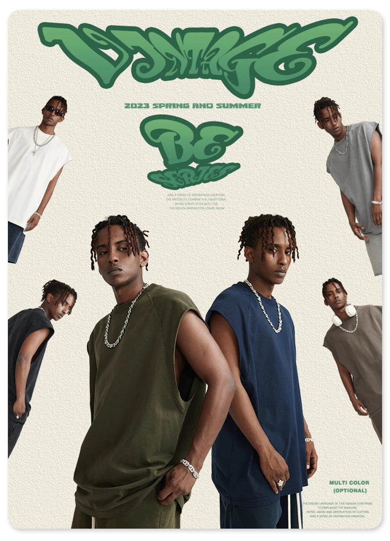 ZODF American Retro Men Washed Solid Tank Tops Women Unisex Loose Edge 275gsm Cotton Sleeveless Tees Brand Streetwears HY0503