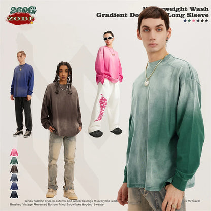 ZODF Retro Monkey Washed 260gsm Cotton T-Shirt For Men Unisex High Street Loose Full Sleeve T Shirt Brand Streetwear HY0406