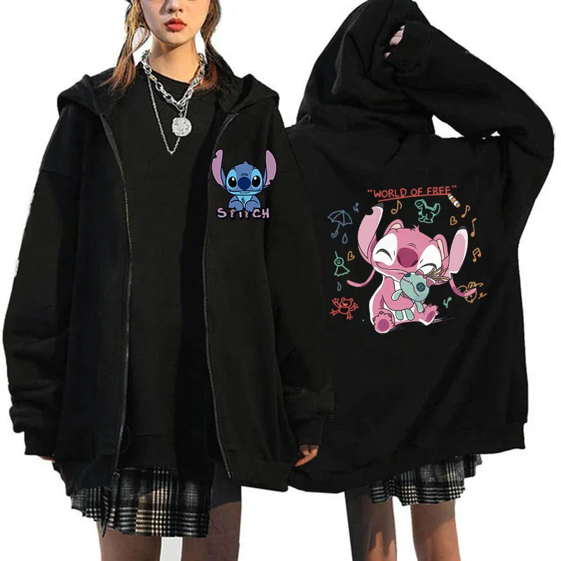 Women's Oversized Zipper Hoodie MINISO Luxury Brand Disney Lilo and Stitch Couple Hooded Sweatshirt Autumn and Winter Warm Jacke