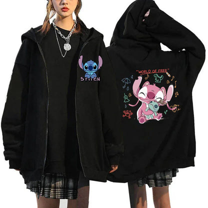 Women's Oversized Zipper Hoodie MINISO Luxury Brand Disney Lilo and Stitch Couple Hooded Sweatshirt Autumn and Winter Warm Jacke