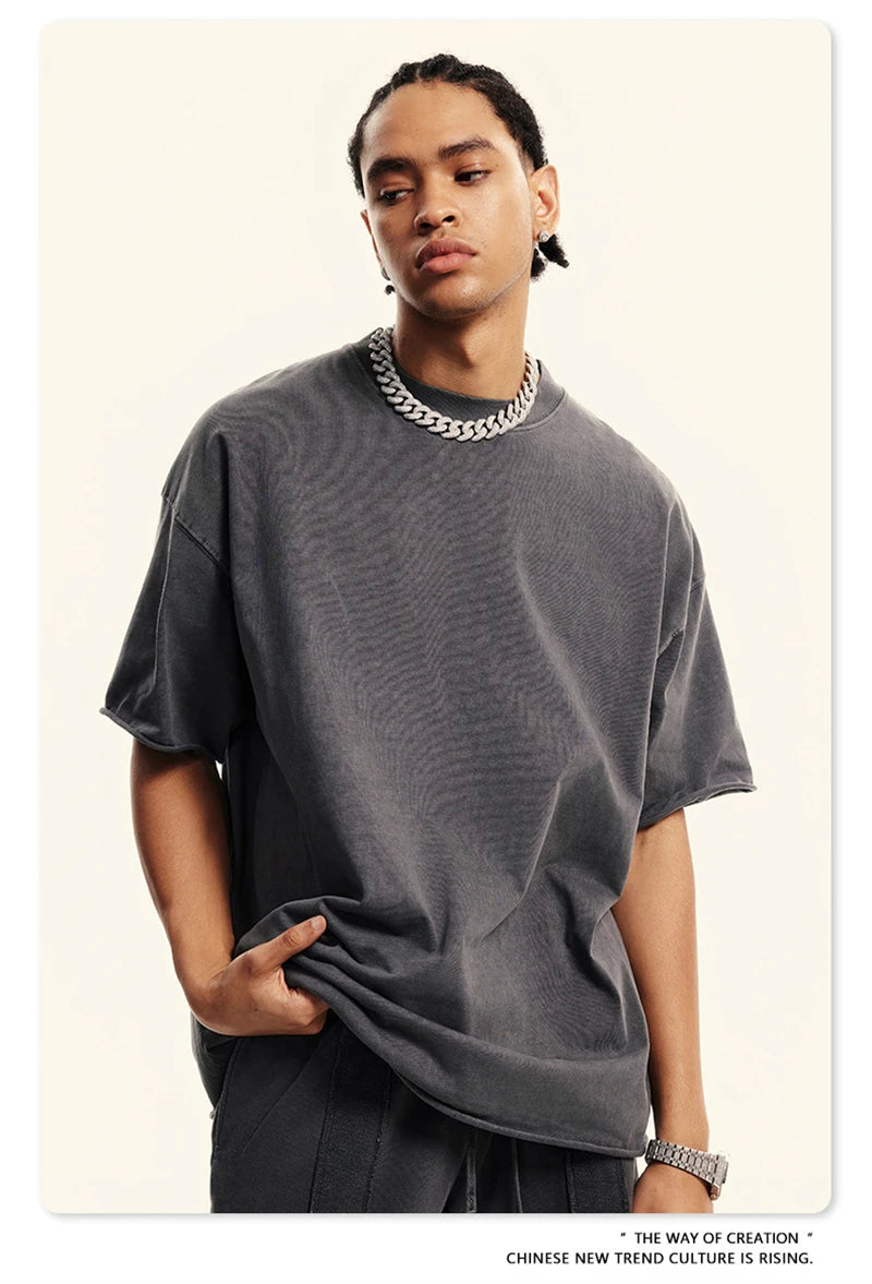 ZODF Retro 2024 Summer Men Washed Cotton T-Shirts  Unisex Women 310gsm Distressed Hem Loose Edge T Shirt Brand Tees HY0808