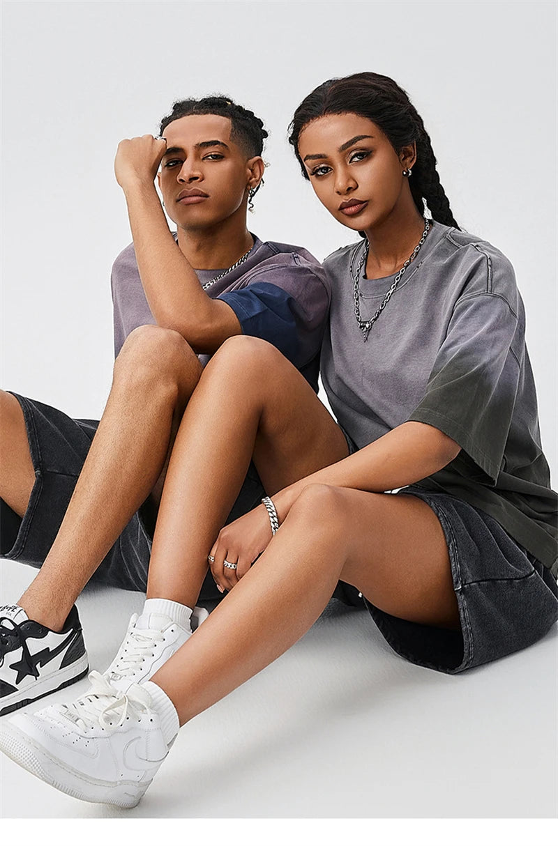 ZODF New Men's Summer Washed Gradient Cotton T-Shirts Unisex Women Retro Distressed 310gsm Ripped T Shirt Brand Tops HY0859