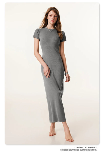 ZODF Sexy 2025 Spring Women 275gsm Long Dress Female Girls O Neck Washed Distressed Slim Slit Fit Dresses HY1008