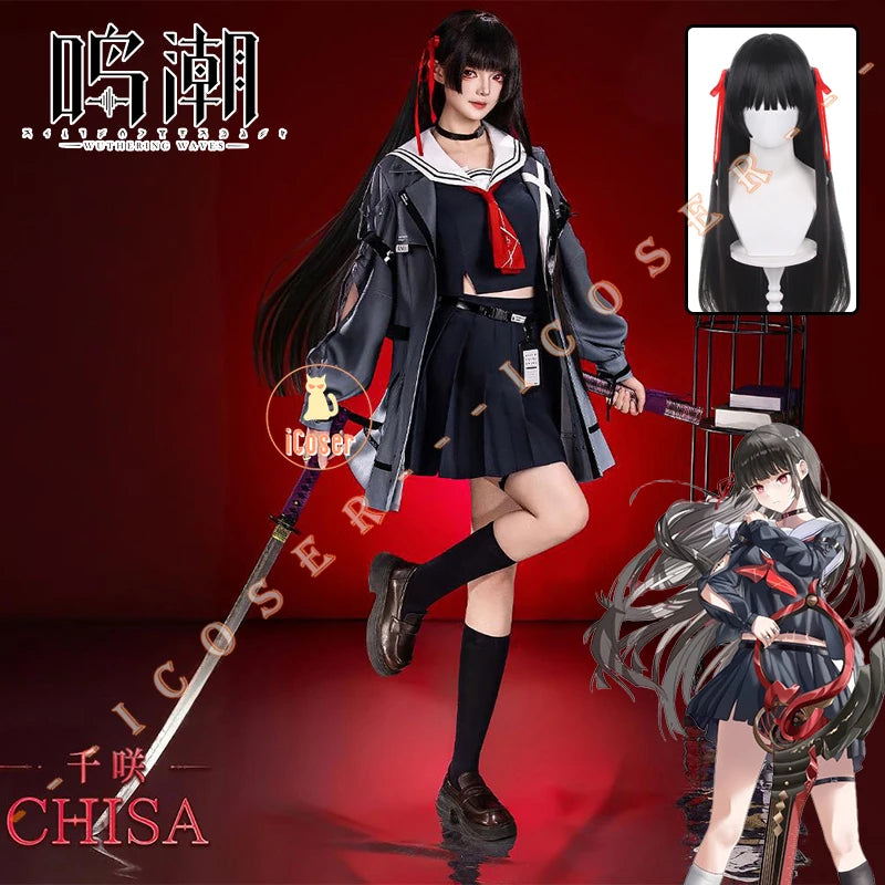 Wuthering Waves Chisa Cosplay Costume Wig Jacket Uniform Headwear Rings Sticker Halloween Party for Women Girls Carnival Props
