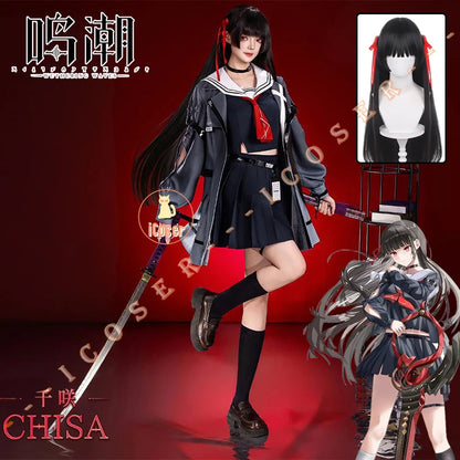 Wuthering Waves Chisa Cosplay Costume Wig Jacket Uniform Headwear Rings Sticker Halloween Party for Women Girls Carnival Props