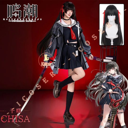 Wuthering Waves Chisa Cosplay Costume Wig Jacket Uniform Headwear Rings Sticker Halloween Party for Women Girls Carnival Props