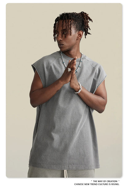 ZODF American Retro Men Washed Solid Tank Tops Women Unisex Loose Edge 275gsm Cotton Sleeveless Tees Brand Streetwears HY0503