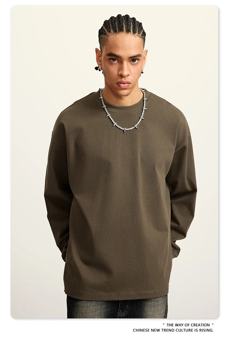 ZODF Autumn Winter 425gsm Long Sleeve T-Shirt American Retro Unisex Loose Heavyweight Basic Cotton T Shirts TEE HY0676