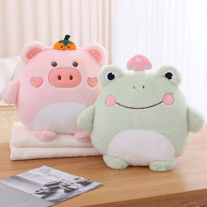 ZU Cute Stuffed Animal Frog Dino Koala Plush Pillows 2-in-1 Soft Coral Fleece Pillow Blanket Car Sofa Back Cushions Xmas Gift