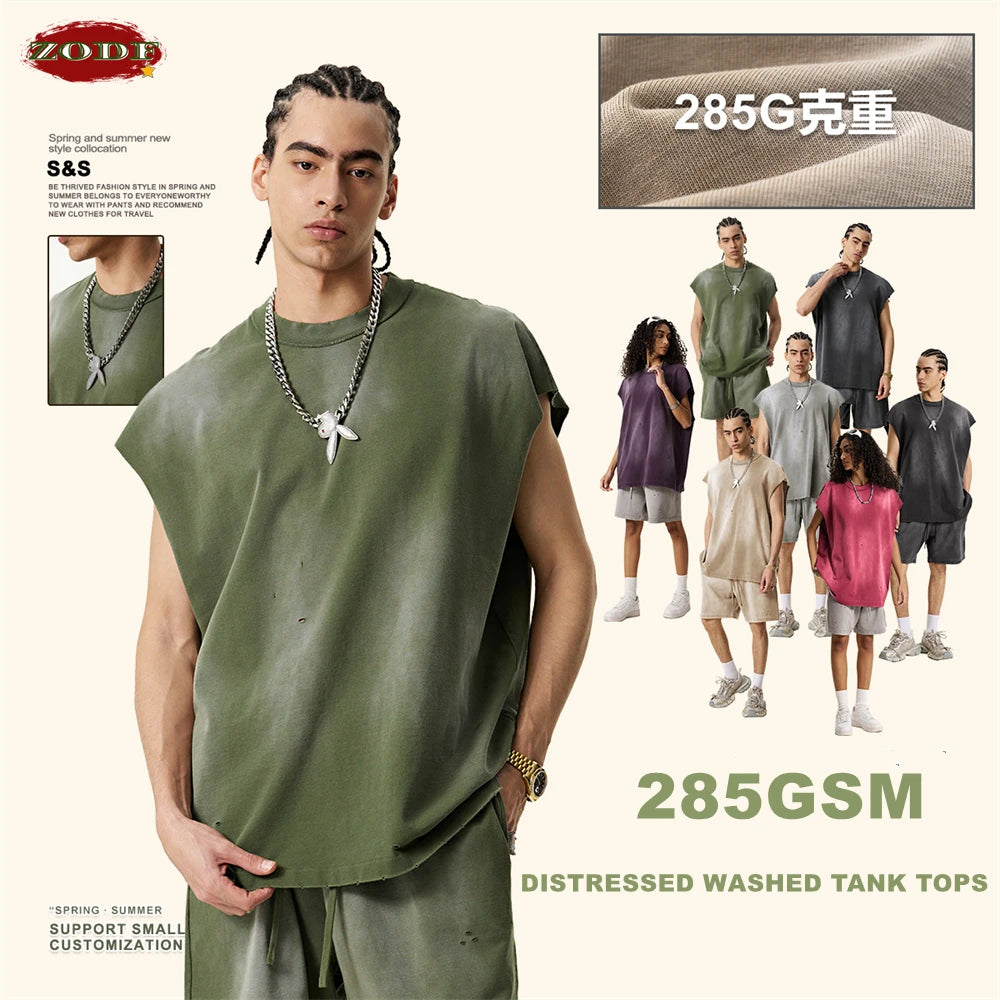 ZODF 2025 Summer 285gsm Washed Tank Tops For Men Unisex American Retro Cut Distressed Oversized Sleeveless TEE Vest HY1006