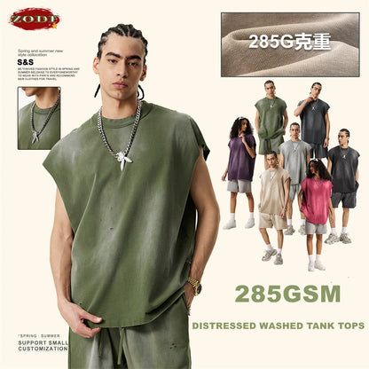 ZODF 2025 Summer 285gsm Washed Tank Tops For Men Unisex American Retro Cut Distressed Oversized Sleeveless TEE Vest HY1006