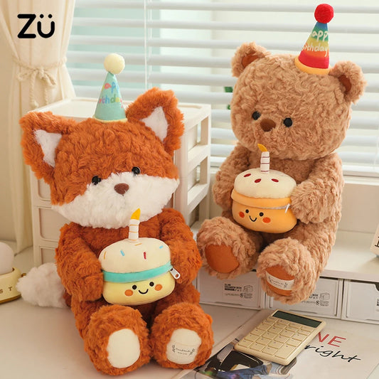 High Quality Birthday Gift Plush Toy Soft Cute Bear Fox Doll with Cake Decor Proposal Suprise Gift For GirlFriend
