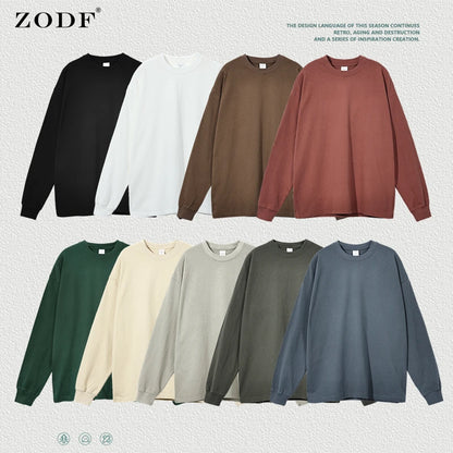 ZODF Retro Autumn Full Sleeve Washed 100% Cotton T-Shirts For Men Unisex Solid Casual Loose 310gsm Tee Brand Tops HY0405